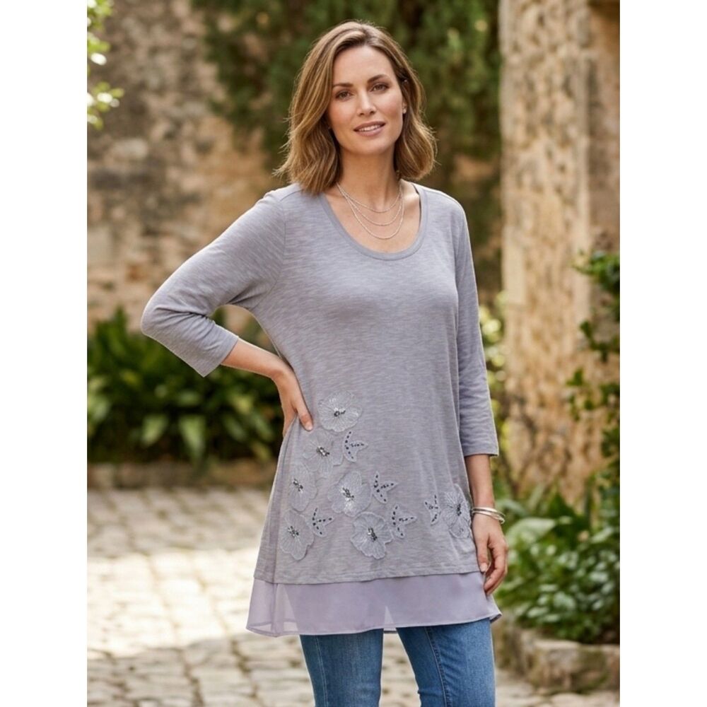 LOGO | 1X Embroidered Beaded Tunic Top Coastal Grandma Lagenlook Beach Vacation
